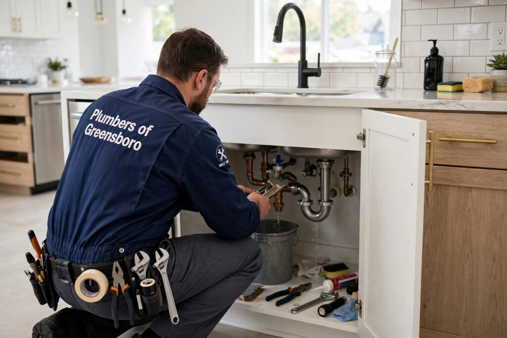 Drain smells - plumber repairing kitchen sink drain in Greensboro NC